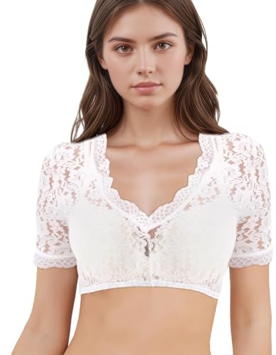 wlertcop Dirndl Bluse Damen, Dirndlbluse Spitze, Weiß Trachtenbluse Damen, V-Ausschnitt und Sexy Spitze Dirndlbluse, Dirndlbluse flügelärmel für Oktoberfest & Karneval