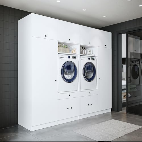 ROOMART Schrankwand für Waschküche & Hauswirtschaftsraum – 254 cm – Hochschrank mit Ausziehbrett – Waschmaschinenumbauschrank & Stauraumregal (Weiß, V1 : 254 x 230 x 67 cm (B x H x T))