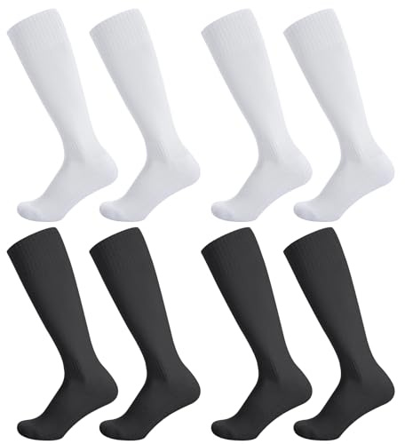 Zuimei 4 Pairs Football Socks for Men, Long Soccer Sock Knee High Sports Socks for for Adult Running Gym Workouts Hockey Rugby Outdoor Sports(36-44), black,white