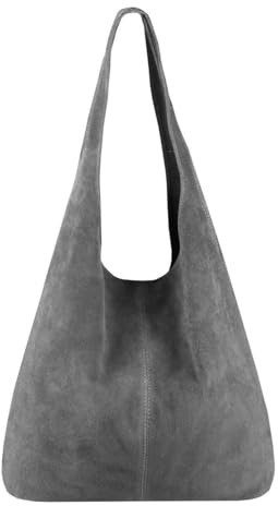 Made in Italy Damen echt Leder Tasche Rindsleder Shopper Schultertasche Umhängetasche Handtasche Beuteltasche Hobo Bag Ledertasche Reisetasche Sport Arbeit Urlaub Daily Bag groß Grau Wildleder