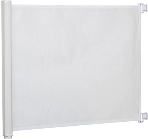 PawHut Barrera para Perros Retráctil Ancho Ajustable 5,5-115 cm Blanco | Puerta para Perros Extensible, Barrera de Seguridad, Función de Enrollado Automático, Asa, para Escaleras y Puertas