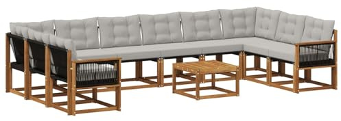 vidaXL Outdoor-Sofagarnitur mit Kissen 11 pcs Natur und Hellgrau, Garten-Sofa, modernes Outdoor-Satz, haltbare Terrassenmöbel, perfekte Lounge für Entspannung und Komfort