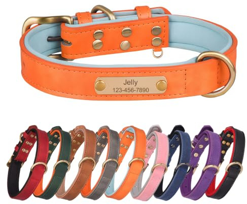 Juego de collar y correa de cuero personalizado para perro con placa de nombre grabada, collar acolchado suave ajustable para mascotas para perros pequeños, medianos y grandes