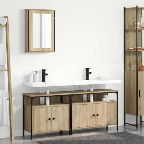 LoogCape Badezimmerschrank Set 3-teilig Braun Holzwerkstoff mit Regal und Spiegelschrank, Stahlrahmen, wandmontiert, Stauraum für Waschplatz, Waschbeckenunterschrank