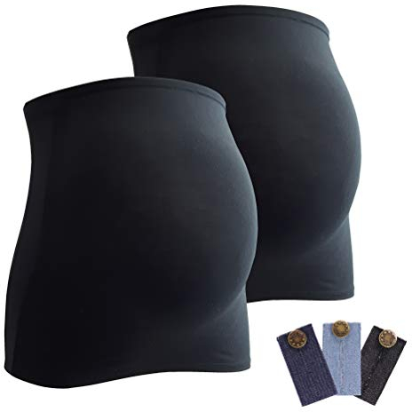 Mamaband Schwangerschaft Bauchband für die Babykugel im Doppelpack + 3erPack Jeanserweiterung – Rückenwärmer und Shirtverlängerung für Schwangere – Elastische Umstandsmode Schwarz 38-42