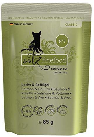 catz finefood Classic N° 5 Lachs & Geflügel Katzenfutter nass - Gourmet Nassfutter für Ihre Katze ohne Zucker & Getreide, glutenfrei - mit hohem Fleischanteil, Made in Germany (16 x 85g Beutel)