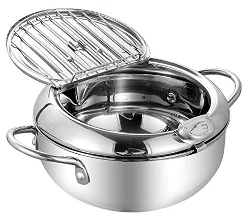 TAMUME 2,5L Olla para Freidora Profunda con Tapa de Acero Inoxidable con Escurridor Extraíble, Adjunta con Termómetro para Freidora