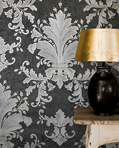 marburg Tapete Schwarz Silber Vliestapete Barock Ornament für Schlafzimmer Wohnzimmer Premium Qualität 10,05 x 0,53m 97270