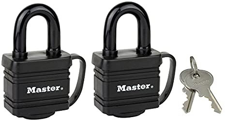 Master Lock 7804EURT Pack de 2 Cadenas en Acier Laminé à Clé et Protection Thermoplastique, Noir, 7,8 x 4 x 2,9 cm