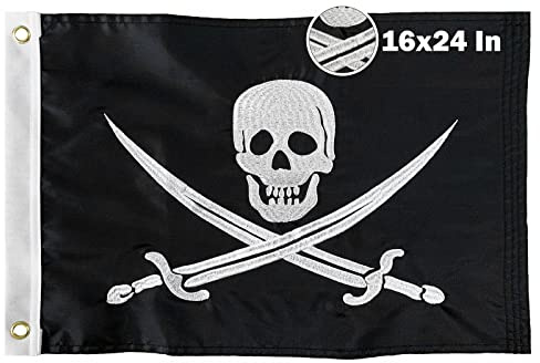 TOPFLAGS Piratenflagge, bestickt, roter Totenkopfknochen, Jolly Roger, Piratenboot-Flagge mit 2 Messingösen, 4 Nähreihen, strapazierfähiges Nylon-Banner zum Verkauf