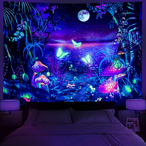 Serborlur Schwarzlicht-Wandteppich, Fantasiewald, ästhetischer Mond, UV-reaktiv, Schmetterling, Wandteppich, Galaxie, Weltraum, Wandbehang für Schlafzimmer, Wohnzimmer (179,8 x 235 cm)