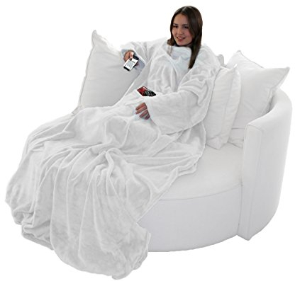 Brandsseller Flauschige TV-Decke mit Ärmeln 150x180 cm in Cashmere Feeling - Fußsack und 2 Taschen - Kuscheldecke Tagesdecke Weiß