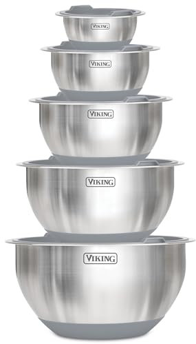 Viking Mixing Bowls Set, 10 Piece Stainless Steel Kitchen Cookware, Non-Slip Silicone Base, Includes Tight Fit Lids, Dishwasher Safe, Grey