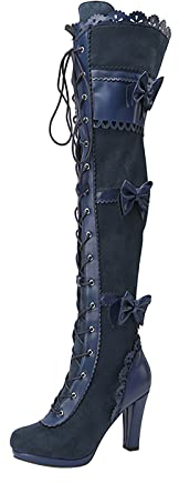 SOOUICKER Stivali alti sopra il ginocchio da donna, tacco alto grosso, stile steampunk, gotico, vittoriano, con lacci, Blu, 39.5 EU