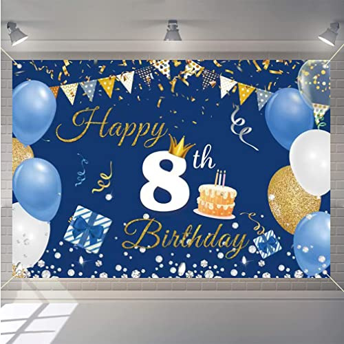 8th Birthday Decorations for Boy/Girl, 8 Years Old Backdrop Banner Fabric Sign Poster, Happy 8th Birthday Party Supplies Blue Photography Background Welcome Sign, 150cm x 90cm