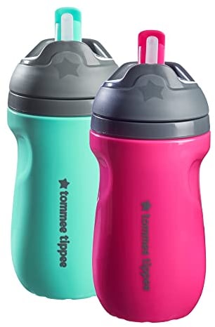 Tommee Tippee Insulated Spill-Proof Straw Cup, 12 Months+, 9oz, Toddler Training Sippy Cup, Sporty Carry Handle, Bite Resistant Spout, Pack of 2, Pink and Mint