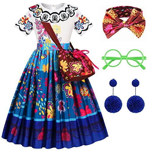 AntDiseno Encanto Mirabel Kostüm Mirabel Kleid mit Tasche Brille Ohrringe Encanto Kostüm für Kinder Mädchen Geburtstagsparty Cosplay Halloween