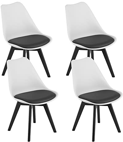 Home Collective 4er Set Esszimmerstuhl Stuhl Wohnzimmerstuhl, in insgesamt 11 Farben, 4X Weiss mit schwarzem Polster mit Vollholzbeinen in schwarz, bequemer & Stabiler Schalenstuhl