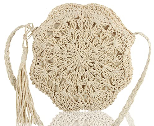 XiXiRan Petit Sac en Paille Femme, Sac Bandoulière Tissu, Pour Plage, en Crochet, Sac Osier D'été avec Effet Raphia avec Bandoulière Réglable