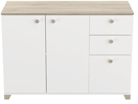 Demeyere Buffet 3 Portes et 2 Tiroirs- Décor Chêne Kronberg et Blanc - Style Contemporain- Pour Salon, Salle à Manger- L119,6 x P41,9 x H85,1 cm
