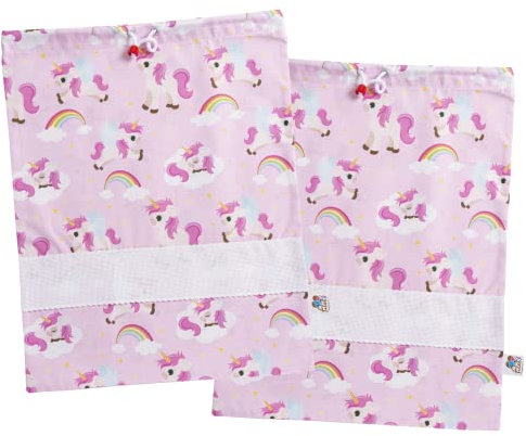 FILET - Set 2 Sacchetti Asilo in Cotone Stampato, Sacchetti Cambio, Sacchetti Corredino, Sacchetti Scarpe, con Tela Aida da Ricamare, Made in Italy, 42 x 34 cm, Fantasia Unicorni