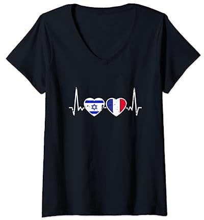 Femme Israël France Vintage Drapeau Battement De Coeur Israélien T-Shirt avec Col en V