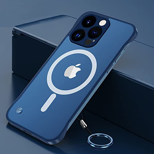 Omio Magnetische Slim Hülle für iPhone 15 Pro Kompatibel mit MagSafe, Klar Matt Ultradünn Bumper Rahmenloses Randloses Design mit Fingerschlaufe Voller Kameraschutz für Damen Herren, Blaues Titan