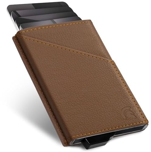 POWR Card Holder Wallet, Vegan Leather Wallets, RFID for Men, Minimalist Credit Holders Pop Up Metal Slim (Brown)