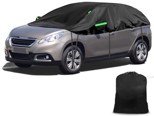 Hälfte Autoabdeckung Wasserdicht Atmungsaktiv Kompatibel mit Peugeot 2008 (2013–2019), Halbgarage Abdeckung Autoplane für Regen Sonne Staub Schutz, PKW Abdeckplane UV-Beständige (KURZ)
