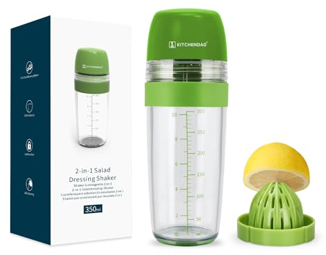 KITCHENDAO 2 in 1 Salatdressing Shaker mit Saftpresse, Messbecher Salatdressing Behälter Spülmaschinenfest, BPA-freier Dressingbehälter Salatdressing Shaker 350ml-Grün