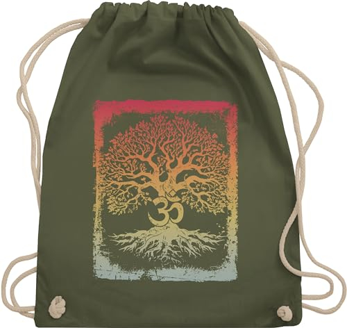 Turnbeutel Rucksack - Yoga - Taschen - Lebensbaum mit Om Zeichen Leben Wachstum Verbundenheit Meditation Innere Ruhe - Unisize - Olivgrün - yoga-tasche joga spirituell stoffrucksack tasche mandala