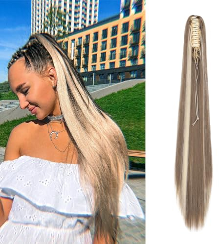 Cybelleza Ponytail Extensions Zopf Pferdeschwanz Haarteil Glatt Lang 55cm Claw Clip in Haarverlängerung Kunsthaare Synthetik Haarverlängerung Zopf Extension für Frauen, Aschblond & Gebleichtes Blond