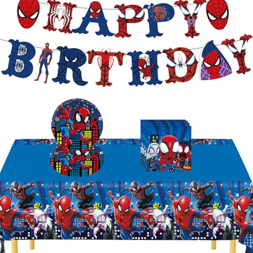 32Pcs Spider Party Tableware Set,Marvel Avengers Super Hero Spider Party Table Cloth Banners Paper Plates Napkins for Kids Boys Birthday Party Decorations