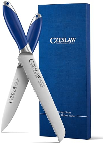 Czeslaw Bread Knife 2pcs, Forged from High Carbon German Steel, Full Tang & Razor Sharp Professional Grade Serrated Bread Knife