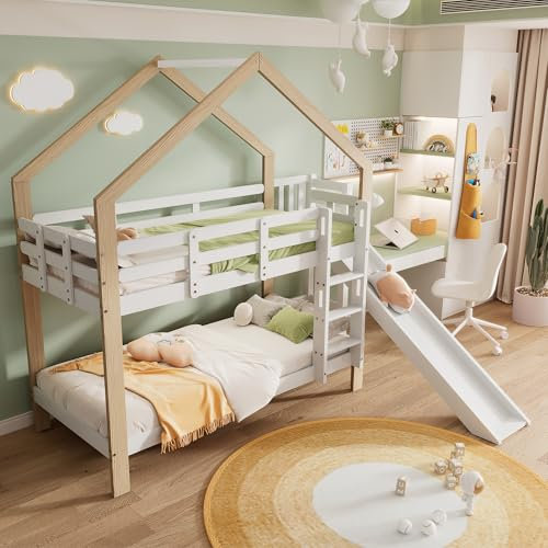 Rtopsu Kinderbett Etagenbett 90x200 cm mit Rutsche, Bett mit Leiter für 2 Kinder, Hochbett mit Dach, Baumhaus Bett mit Lattenrost aus Holz, Weiß, Ohne Stauraum Schubladen und Matratze