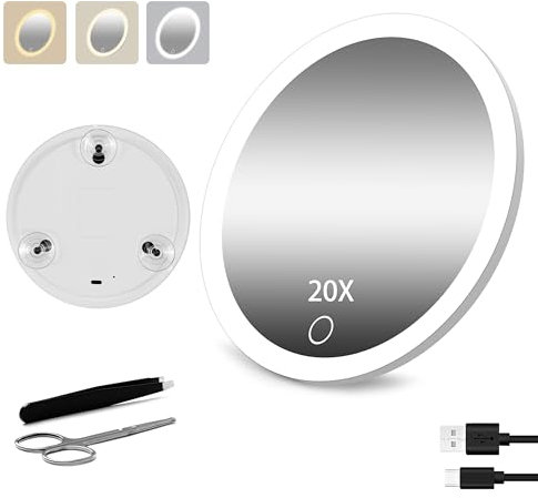 Junyaoxuan 20X Magnifying Mirror with Light,6 Large Makeup Magnifying Mirror with 3 colors Dimmable,Portable LED Magnified with 3 Suction Cups,White