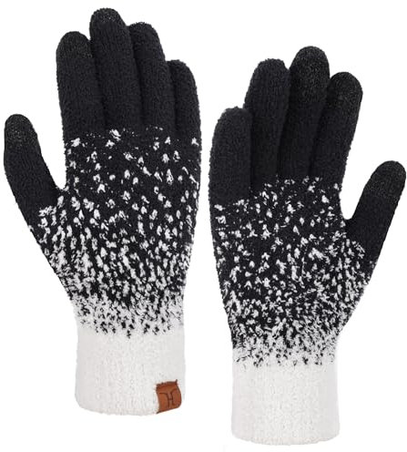 Bequemer Laden Winter Warm Damen Handschuhe Thermo Winterhandschuhe Elegant Jacquard Strickhandschuhe mit Elastisch Manschette Geschenk für Frauen, Schwarz