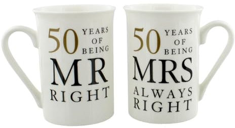 Happy Homewares Ivory White 50th Anniversary Mr Right & Mrs Always Right Ceramic Mug Gift Set