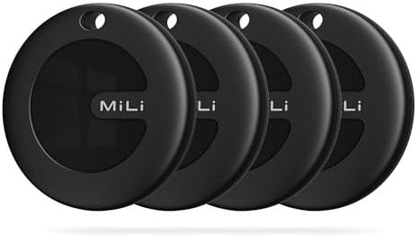 MiLi Bluetooth Tracker for Android | Luggage Tracker | Key Finder | Item Locator Compatible with Google Find My, Tracking Tag for Keys, Suitcase, Bag, Wallet, Black-4Pack