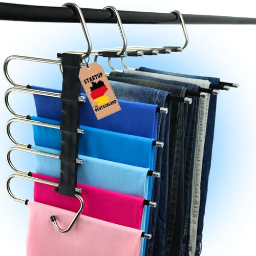 WohnZauber Kleiderbügel platzsparend 2X mehrfach Hosenbügel mit Rutschschutz - 5in1 Hosenaufhängung - Kleiderschrank Organizer (Schwarz)