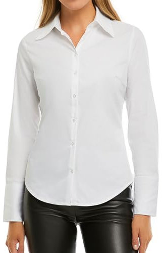 Runmeihe Women's Long Sleeve Dress Blouses & Shirts, Button Down Loose Stretch T Shirts Executive Office Business (UK, Alpha, L, Regular, Regular, White)