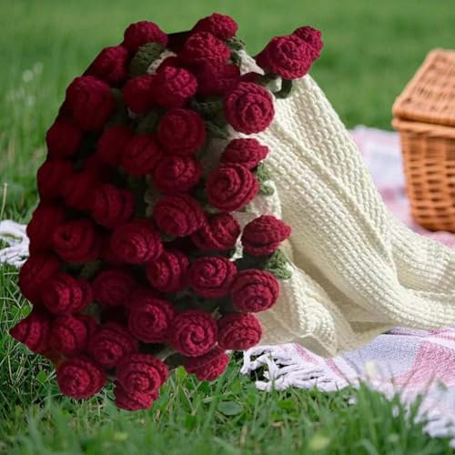 DLZFUDTY Crochet Flowers Rose Bouquet Blanket Handmade, Soft and Lightweight Romantic Rose Flower Bouquet Knitted Throw Blankets, Gift for Mother's Day, Valentine’s Day(Material package) (red)