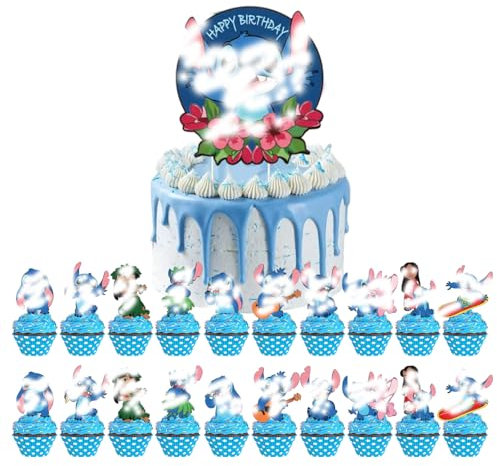 22 Piezas Cake Topper, Decoración para Tartas, Decoracion Tartas Cumpleaños de Stittch, Decoracion para Tartas Infantiles, Decoración Temática de Fiesta de Cumpleaños para Niños