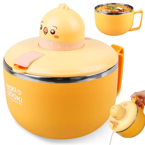 GOMETY Ramen Schüssel mit Deckel, 1200ML Große Kapazität Instant Nudeln Schüssel mit Timer aus 304 Edelstahl Pasta Schüsseln Instant Nudelschale für Nudeln Bento Suppe Mittagessen (Küken)