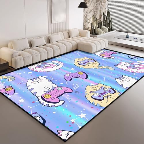 HOSIMA Teppich Mit Cartoon-Kätzchen-Spielkonsolen-Aufdruck,Weiche,rutschfeste Unterseite,Kurze Teppiche für Kinderzimmer,Küche,Terrasse,Schlafzimmer,Kurzflorige,Flauschige Matte(160 * 220)