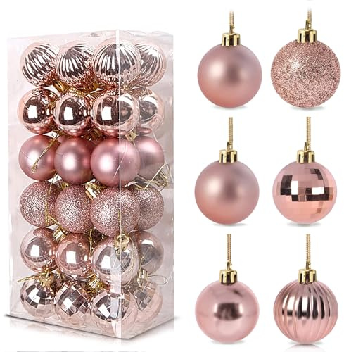 36Pcs Rose Gold Baubles for Christmas Tree,3cm Mini Shatterproof Plastic Christmas Balls Ornaments with Strings,6 Design Xmas Baubles Hanging Balls for Indoor Outdoor Xmas Holiday Party Decor