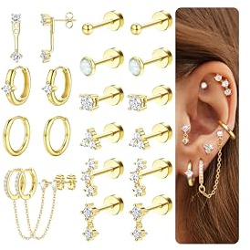 Roheafer Goldene Ohrringe Damen Hypoallergen Flat Back Ohrstecker 14K Gold Chirurgenstahl Kleine Creolen Set Knorpel Ohrringe Mehrere Piercings