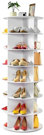 VEVOR Zapatero para 28 Pares de Zapatos, 7 Estantes y 4 Compartimentos, Giratorio 360°, Ahorra Espacio, 16 kg por Nivel, para Dormitorio, Sala de Estar o Recibidor, Blanco, 598 x 598 x 1620 mm.
