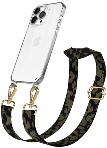 EAZY CASE Handykette - Verstellbares Taschenband kompatibel mit iPhone 14 Pro Max, Schulterriemen, Handykordel mit Silikon Hülle, Umhängetasche, Dunkelgrün Camouflage Gold