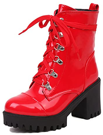 da Donna Stivaletti con Lacci E Tacco Largo Punta Tonda in Pelle Verniciata Punk Goth Stivali da Combattimento con Cerniera,Rosso,40 EU